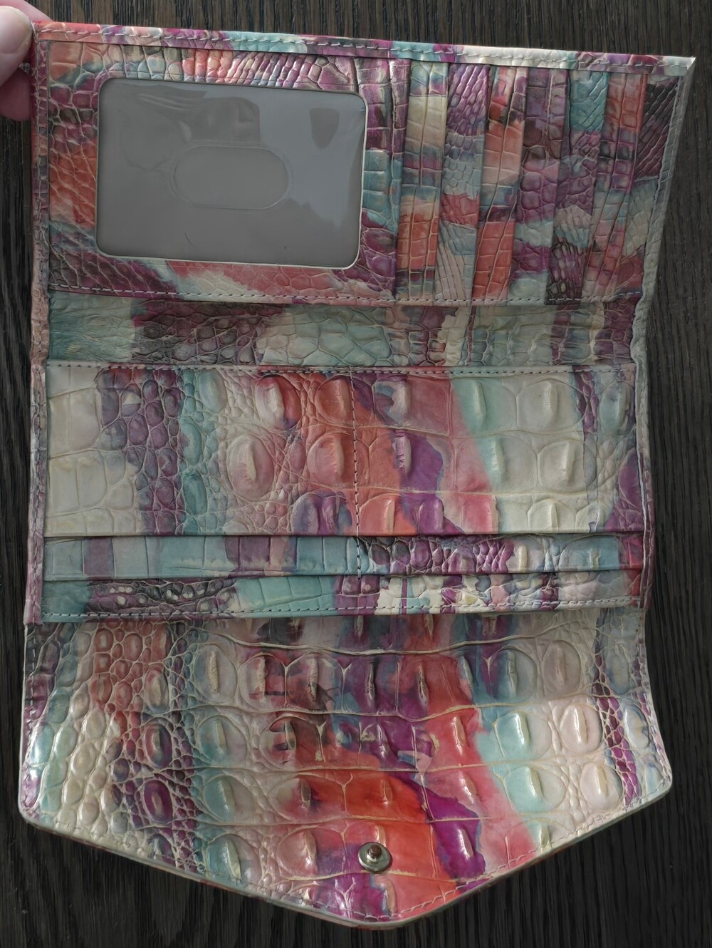 Brahmin Multicolor Croc-Embossed Envelope Wallet in Pink, Teal & Cream With Gold - Picture 5 of 12